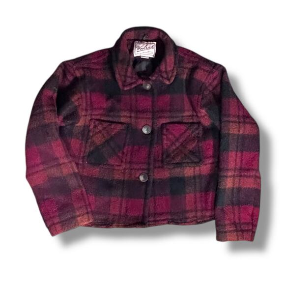 Vintage 90s Woolrich Cropped Red Plaid Jacket Made In USA Rugged Outdoorwear - Picture 1 of 13